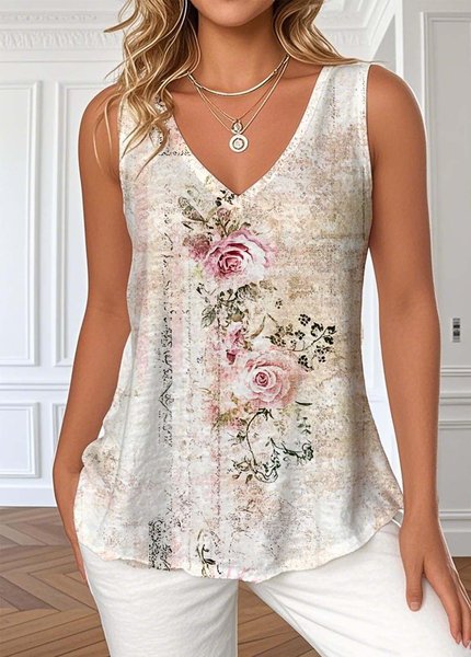 

Vintage Gradient Pattern V Neck Sleeveless Tank, Pink, Tanks & Camis