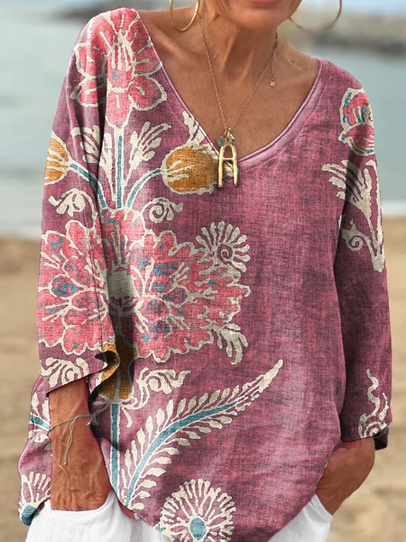 

Casual Plants V Neck Long Sleeve T-shirt, As picture, T-shirts