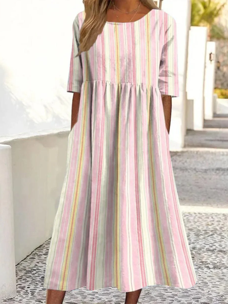 

Women Striped Crew Neck Short Sleeve Comfy Casual Maxi Dress, As picture, Dresses