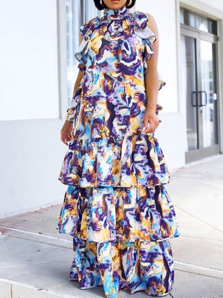 

Urban Abstract Printing Mock Neck Maxi Dress, As picture, Maxi Dresses