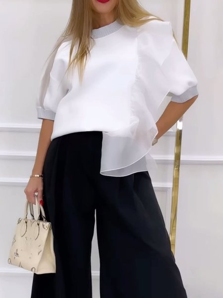 

Elegant Plain Peplum Crew Neck Blouse, White, Blouses and Shirts