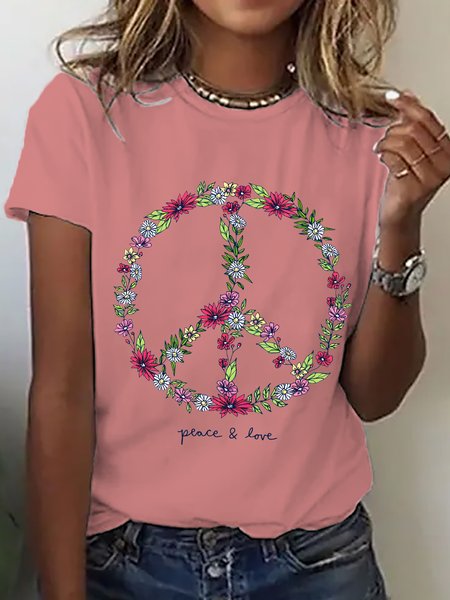 

Women's Wildflower Love Peace Sign Casual Short SleeveT-Shirt, Orange pink, T-shirts