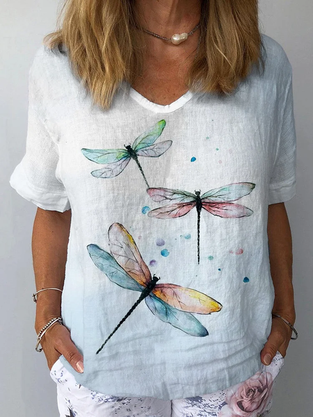 

Women Dragonfly Short Sleeve Blouse Summer Crew Neck Daily Casual Top, As picture, Blouses
