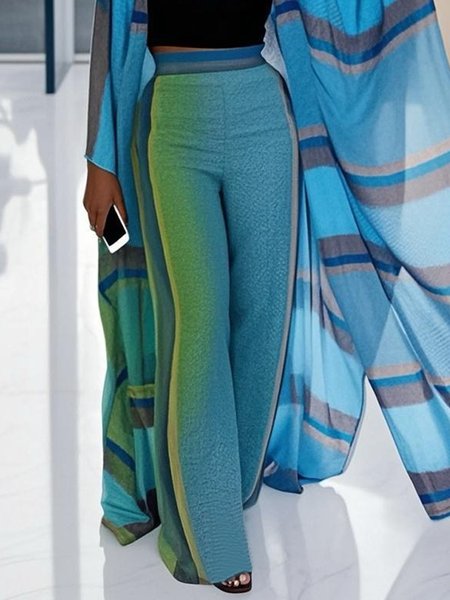 Vacation Color Block Printing Straight Fashion Pants, Blue, Pants