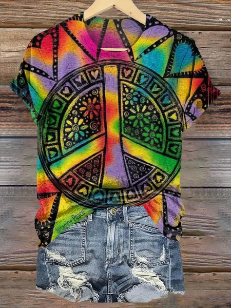 

Casual Geometric Crew Neck Short Sleeve T-shirt, As picture, T-shirts