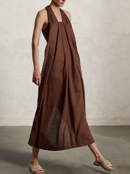 

Vacation Plain Square Neck linen-cotton Maxi Dress, Brown, Maxi Dresses