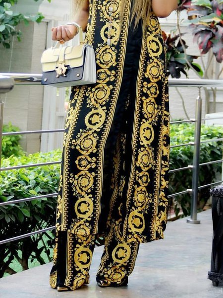 Casual Nationality/ethnic Printing Straight Pants, Black-yellow, Pants