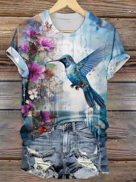 

Casual Floral Crew Neck Short Sleeve T-shirt, Light blue, T-shirts
