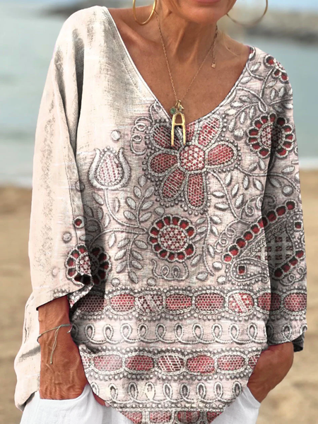 

Casual Floral V Neck Long Sleeve T-shirt, As picture, T-shirts
