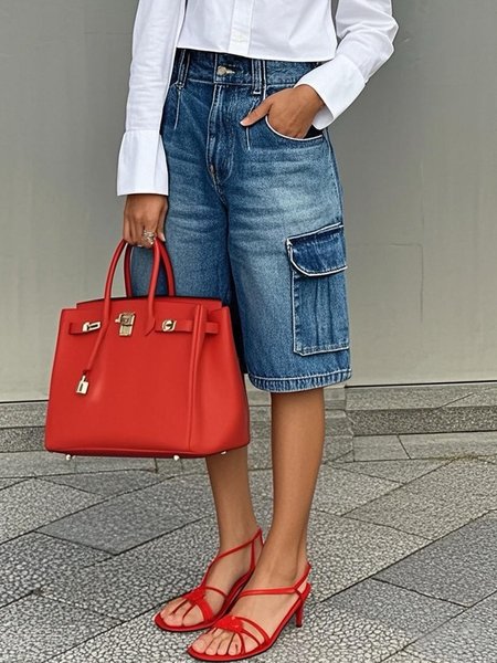 

Denim Plain Daily Casual Capris Cargo Jeans, Blue, Shorts