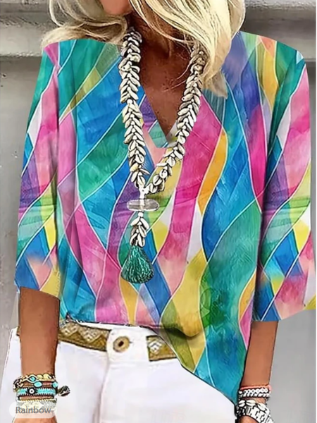 

Shawl Collar Half Sleeve Color Block Regular Loose Blouse For Women, 4xl, Blouses
