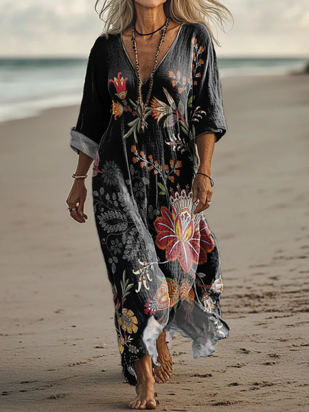 

Women Floral V Neck Short Sleeve Comfy Vintage Maxi Dress, Green, Dresses