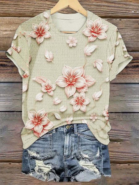 

Casual Floral Crew Neck Short Sleeve T-shirt, Apricot, T-shirts