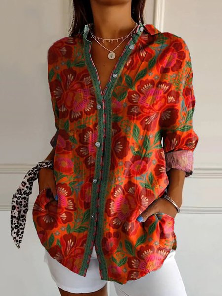 Shirt Collar Long Sleeve Floral Regular Micro-Elasticity Regular Fit Shirt For Women, Orange red, Shirts