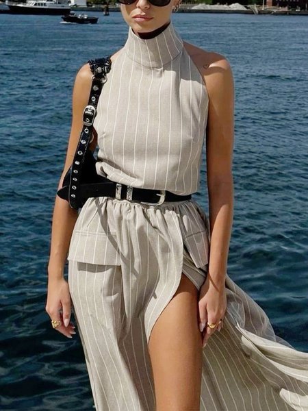 Urban Striped Stand Collar Tank Top, As picture, Tanks and Camis