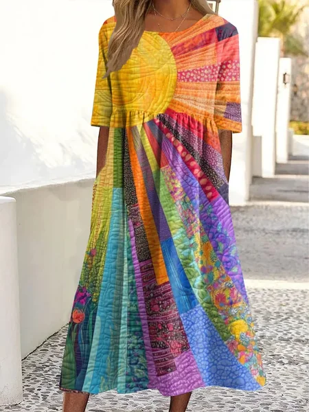 

Women Hippie Short Sleeve Summer Printing Dress Crew Neck Daily Casual Maxi Shift Dress H-Line Dress, As picture, Casual Dresses