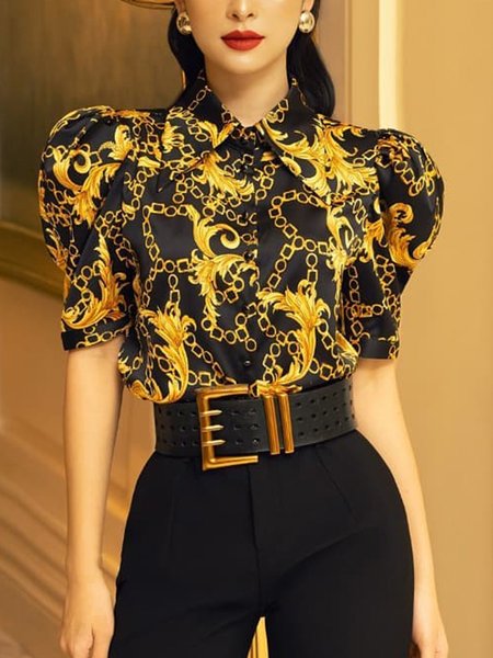 

Urban Random Print Printing Puff Sleeve Shirt, Black-yellow, Blouses and Shirts