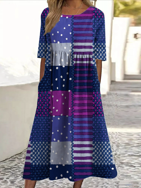 

Women Geometric Crew Neck Short Sleeve Comfy Casual Maxi Dress, Blue purple, Maxi