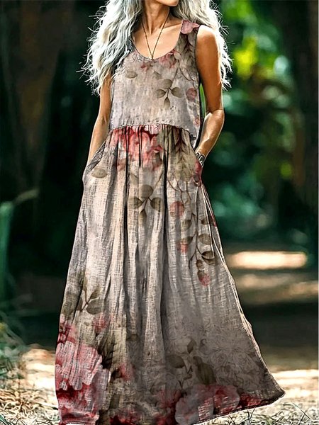 

Women Floral V Neck Sleeveless Comfy Casual Maxi Dress, Light brown, Maxi