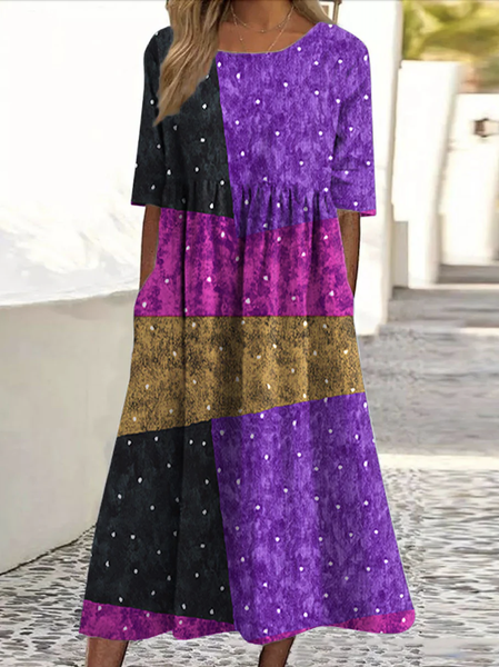 

Women Geometric Crew Neck Short Sleeve Comfy Casual Maxi Dress, Purple, Maxi