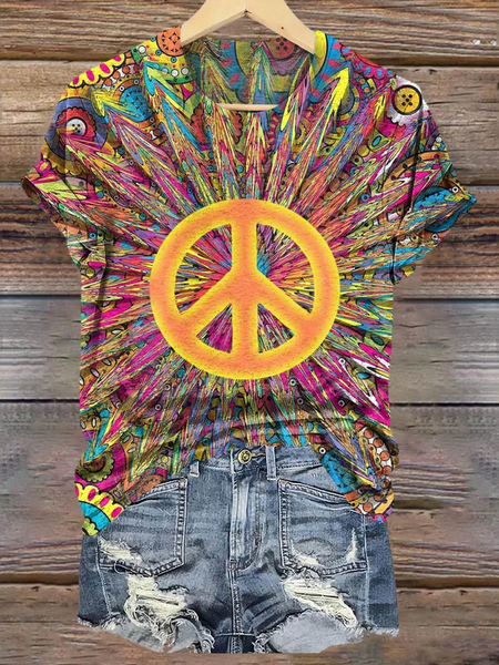 

Casual Geometric Crew Neck Short Sleeve T-shirt, As picture, T-shirts