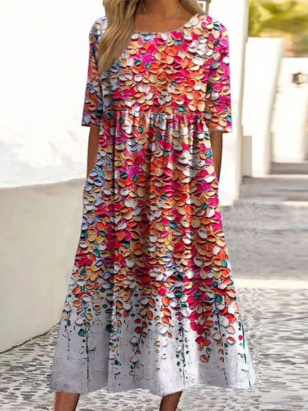 

Women Floral Crew Neck Short Sleeve Comfy Casual Maxi Dress, Red, Maxi