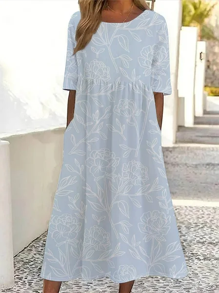 

Women's Short Sleeve Summer Blue Floral Printing Crew Neck Daily Going Out Casual Maxi H-Line Shift Dress Dress, Maxi Dresses