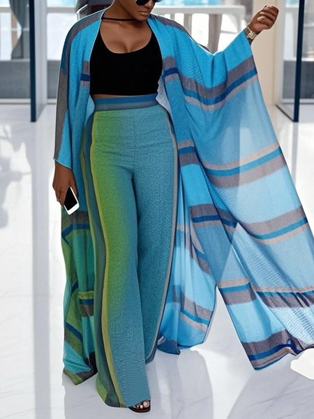 

Vacation Raglan Sleeves Printing Striped Kimono, Blue, Kimonos