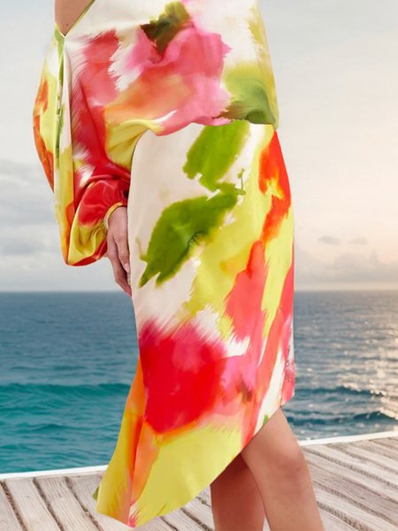 

Elegant Irregular Craftsmanship Random Print Midi Skirt, As picture, Skirts