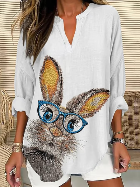 

V Neck Long Sleeve Easter (rabbit) Regular Loose Blouse For Women, White, Blouses