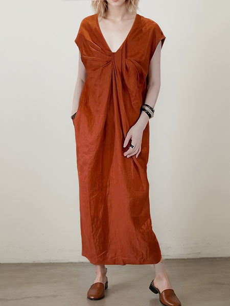 Casual Plain V Neck linen-cotton Maxi Dress, As picture, Maxi Dresses