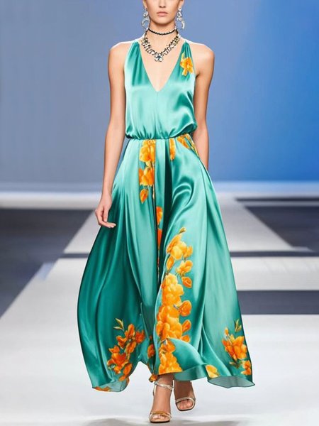 

Satin Elegant Floral Printing V Neck Maxi Dress, As picture, Maxi Dresses