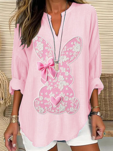

V Neck Long Sleeve Easter (rabbit) Regular Loose Blouse For Women, Pink, Blouses