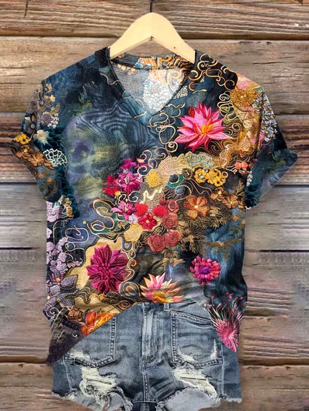 

Casual Floral V Neck Short Sleeve T-shirt, Navyblue, T-shirts