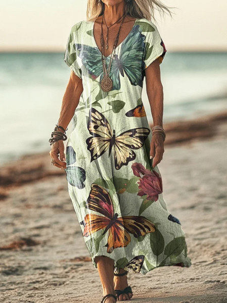 

Women Floral V Neck Short Sleeve Comfy Casual Maxi Dress, As picture, Dresses