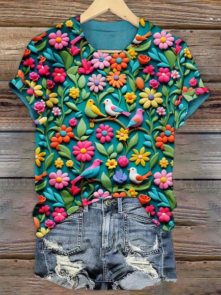 

Casual Floral Crew Neck Short Sleeve T-shirt, Blue, T-shirts