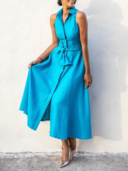 

Cotton And Linen Casual Shirt Collar Midi Dress With Belt, Blue, Midi Dresses
