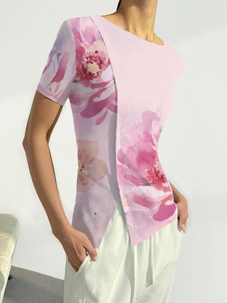 

Casual Floral Printing Crew Neck T-shirt, Pink, Tees