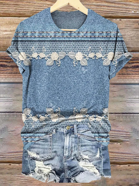 

Casual Geometric Crew Neck Short Sleeve T-shirt, As picture, T-shirts