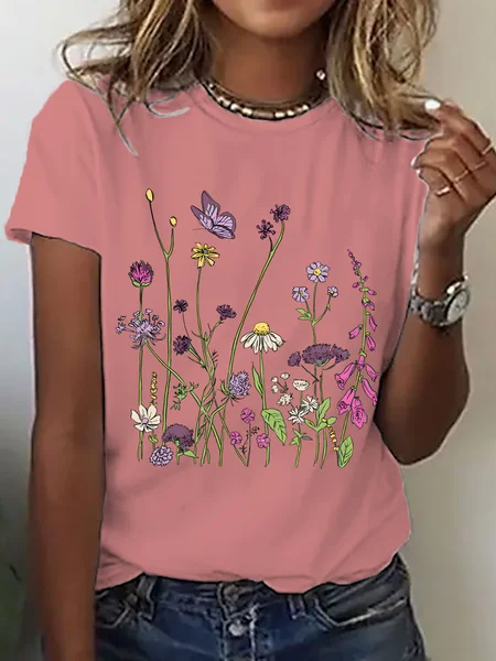 

Women's Realaxed Wildflowers Casual Short SleeveT-Shirt, Orange pink, T-shirts