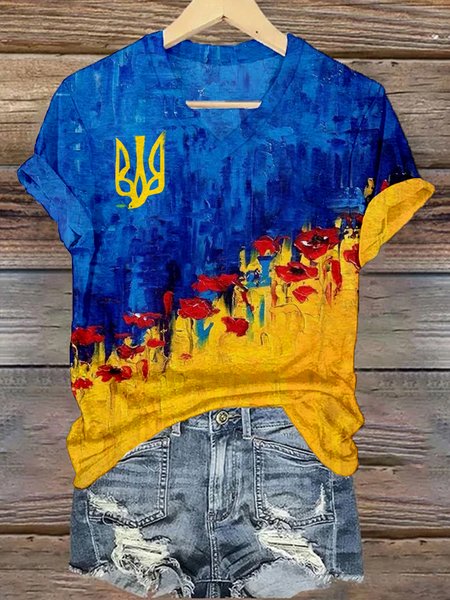 

Casual Floral V Neck Short Sleeve T-shirt, Blue, T-shirts