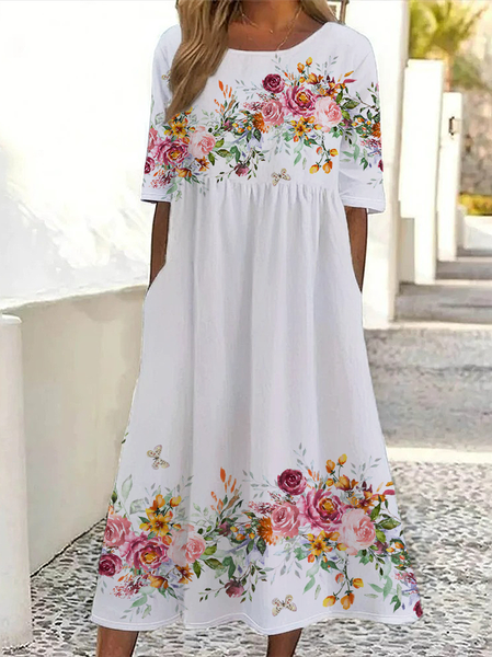 

Women's Short Sleeve Summer White Floral Printing Crew Neck Daily Going Out Casual Maxi H-Line Shift Dress Dress, Maxi Dresses