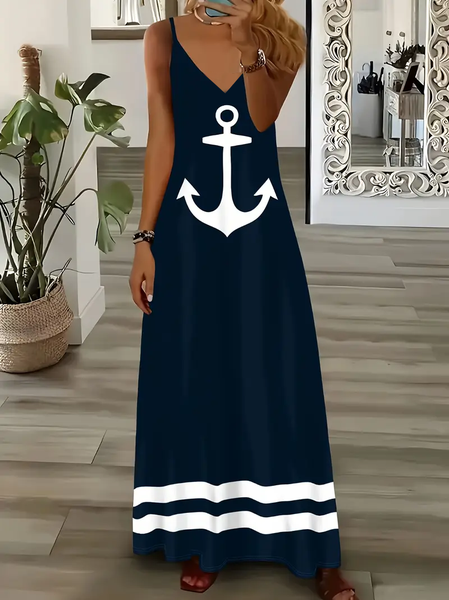 

Women Anchor Sleeveless Summer Printing Dress V Neck Daily Casual Maxi Slip Dress X-Line Dress, Purplish blue, Casual Dresses