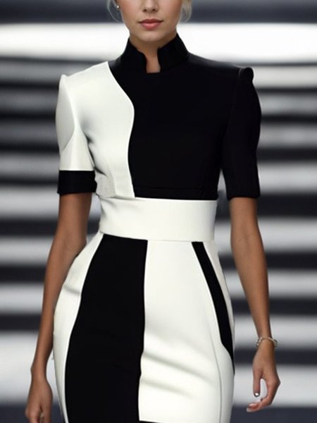 Urban Color Block Printing Stand Collar Blouse, Black-white, Blouses and Shirts