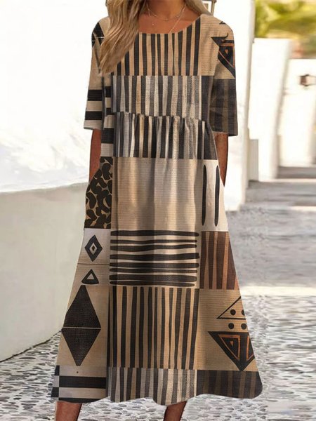 

Women Geometric Crew Neck Short Sleeve Comfy Casual Maxi Dress, Brown, Maxi