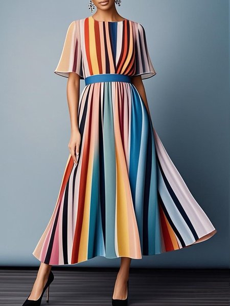 

Elegant Striped Printing Crew Neck Maxi Dress, As picture, Maxi Dresses