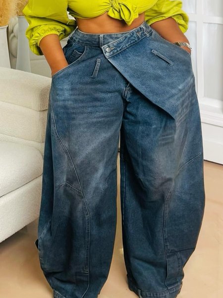

Plain Denim Urban Irregular Craftsmanship Wide leg Jeans, Blue, Jeans