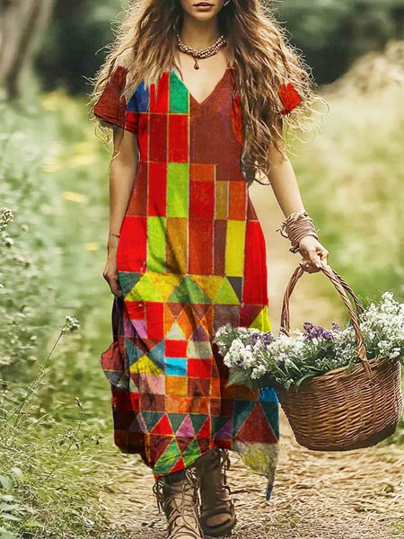 

Women Geometric V Neck Short Sleeve Comfy Casual Maxi Dress, Red, Maxi