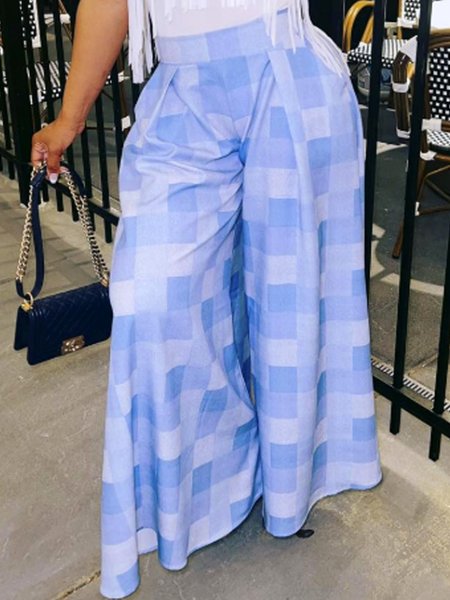 Urban Plaid Printing Baggy Pants, Blue, Pants