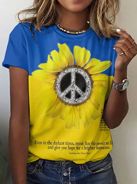 

Casual Floral Crew Neck Short Sleeve T-shirt, Blue, T-shirts